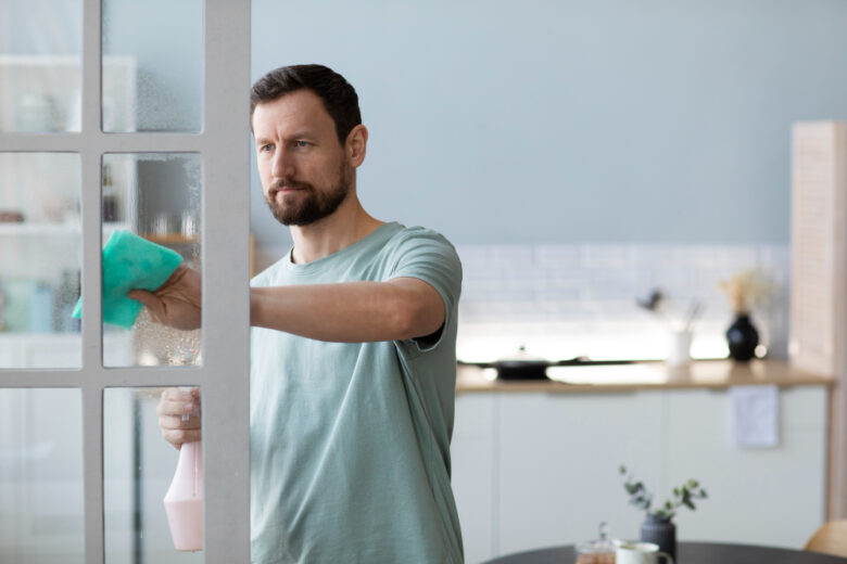 man cleaning apartment kitchen counter spray