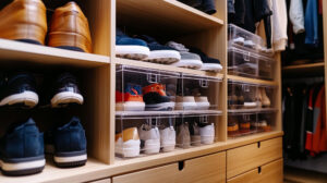 small closet organized shoes shelves apartment